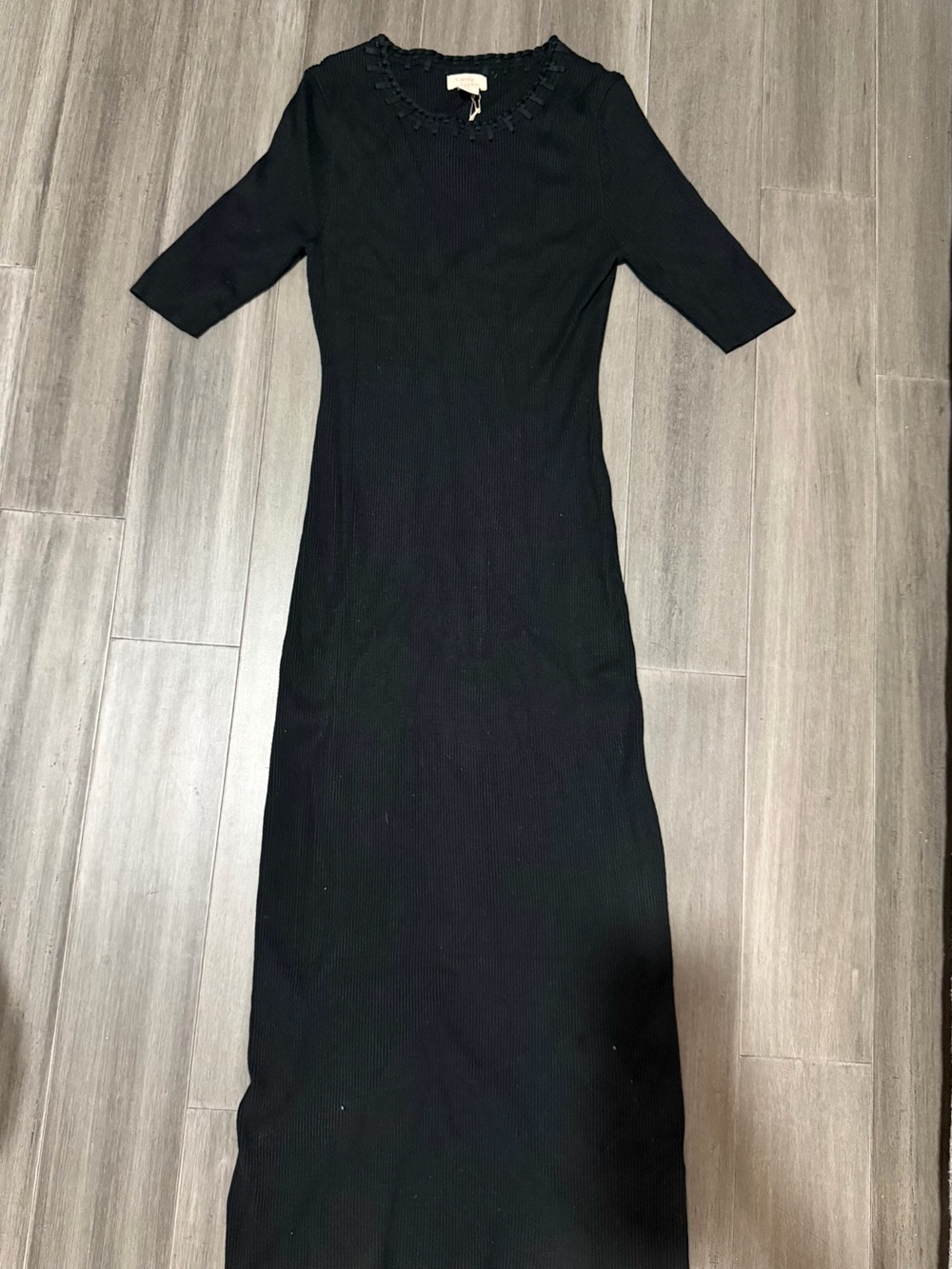 Camila Coelho Black Ribbed Maxi Dress with Textured Neckline